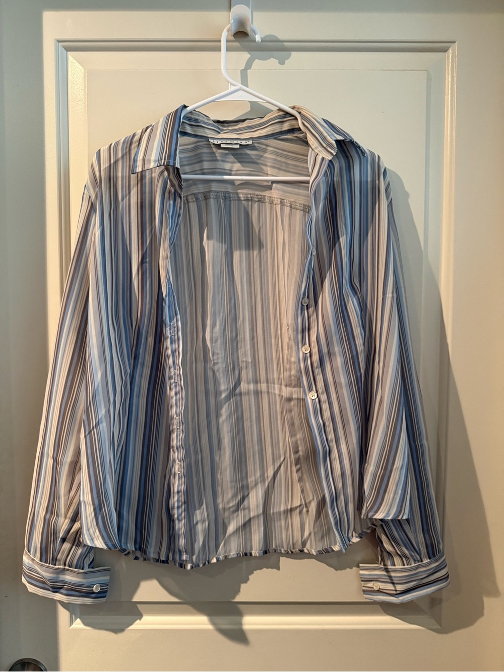 90s tiramisu Striped Sheer Button Down in Blue, White & Tan